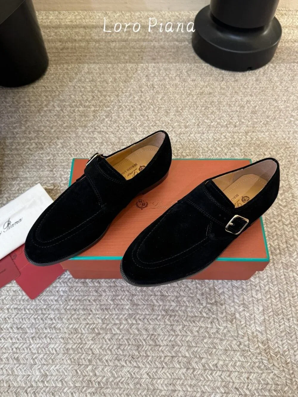 Loro Piana Single Monk Strap Black Suede Loafers